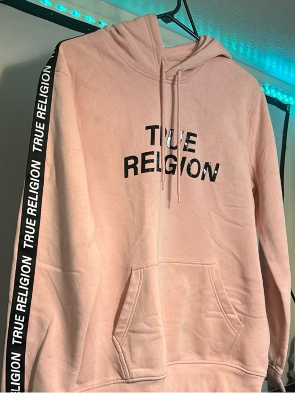 True Religion Light Pink Hoodie with Black Logo and Sleeve Trim